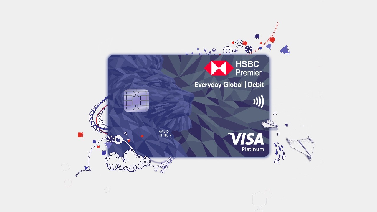 HSBC Everyday Global Visa Debit Card, with illustrations of cloud and paper planes.